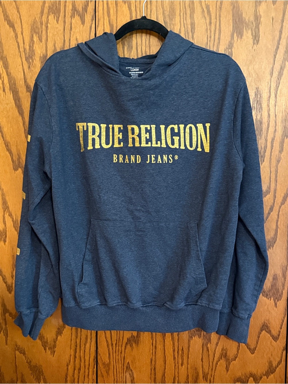 True Religion Brand Jeans Hoodie Men’s Large Navy Blue Gold Horseshoe Y2K